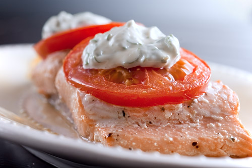 Baked Salmon with Basil Mayonnaise and Tomatoes