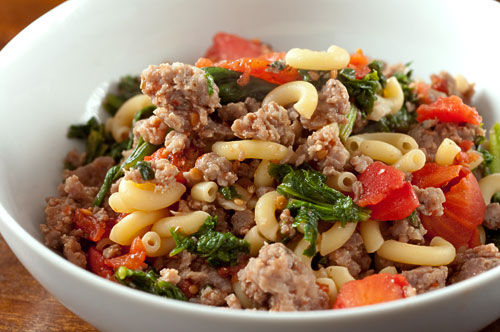 Macaroni with Sausage, Greens and Tomatoes