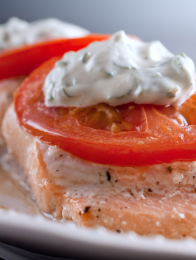 Recipe for Baked Salmon with Basil Mayonnaise and Tomatoes Life's